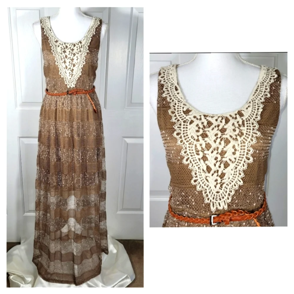 A'reve Striped Sleeveless Maxi Sundress Dress Brown Cream Crocheted Front - Picture 1 of 16
